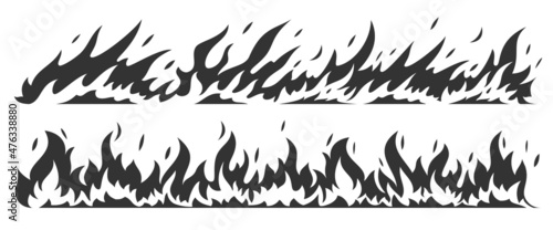 Fire bonfire border flames black silhouette set. Stamp flame energy fiery explosion hot outline warning symbols. Collection sign icon danger ignition object forest fires flammable isolated on white