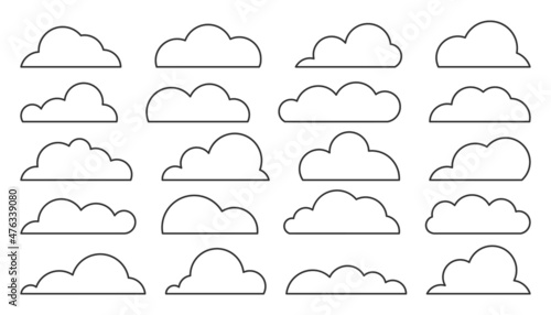 Cloud black line set. Climate weather cloudy icon. Blank form web storage meteorology database. Cartoon sign simple news dialogue banner. Fill sticker image software thin stroke isolated on white