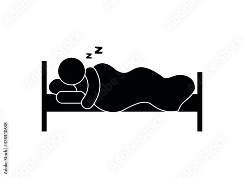 sleeping man icon, sound sleep in bed, stick figure man resting, isolated pictogram