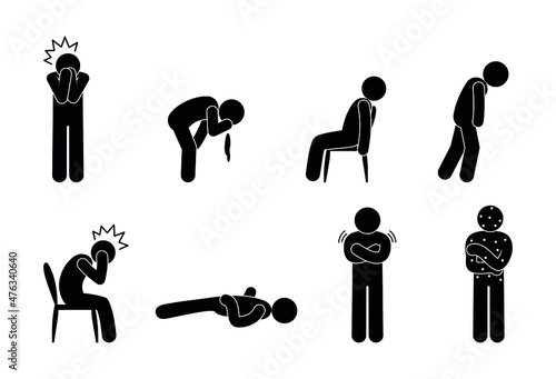 Symptoms of various diseases. Pain, nausea, weakness, convulsions and allergies illustration. Stick figure man sick icon.