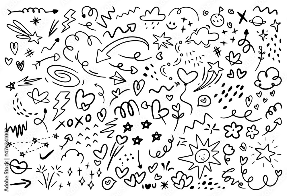 Big Set of Abstract Hand Drawn Doodles. Arrow, Heart, Cloud, Sun, Star Line art Big Set of Abstract Hand Drawn Doodles. Arrow, Heart, Cloud, Sun, Star Line art