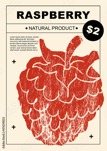 Raspberry. Set of posters of fruits and berries in a abstract draw design. Label or poster, price tag. Simple, flat design. Patterns and backgrounds. Perfect for poster, cover, banner.