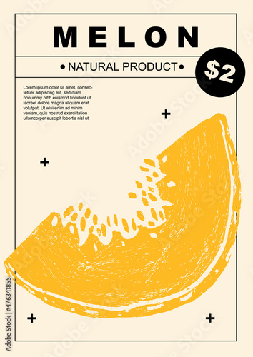 Melon. Set of posters of fruits and vegetables in a abstract draw design. Label or poster, price tag. Simple, flat design. Patterns and backgrounds. Perfect for poster, cover, banner.