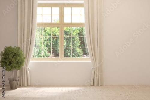 White empty room with summer landscape in window. Scandinavian interior design. 3D illustration