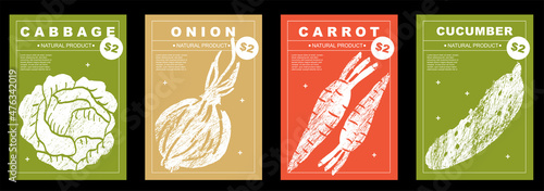 Cabbage, onion, carrot, cucumber. Set of posters of vegetables in a abstract draw design. Label or poster, price tag. Simple, flat design. Patterns and backgrounds. Perfect for poster, cover, banner.
