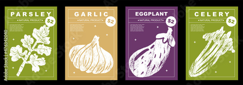 Parsley, garlic, eggplant, celery. Set of posters of vegetables in a abstract draw design. Label or poster, price tag. Simple, flat design. Patterns and backgrounds. Perfect for poster, cover, banner.