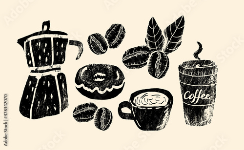 Set of coffee beans, donut, plastic cup and сezve in graphic style hand drawn vector illustration.