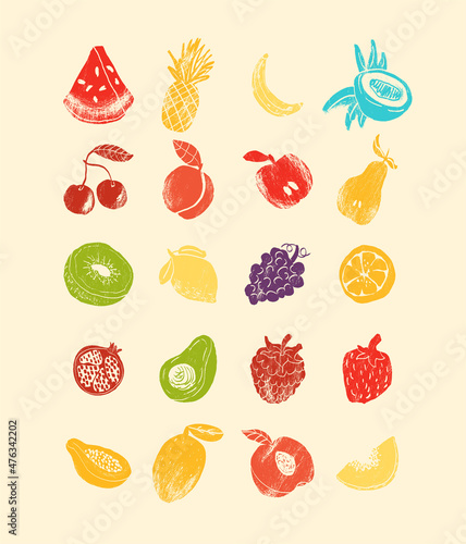 Fruits and berries abstract illustration. Flat vector. Fruit icons, drawn style.