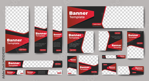 set of creative web banners of standard size with a place for photos. Gradient black and red. Business ad banner. Vertical, horizontal and square template.