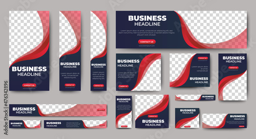 set of creative web banners of standard size with a place for photos. Gradient black and red. Business ad banner. Vertical, horizontal and square template.