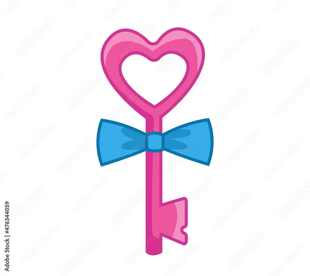 Pink key from the fairy with a blue bow. Vector illustration of a princess accessory in cartoon childish style. Isolated cute clipart on a white background. Colored art with an outline. Pink key from the fairy with a blue bow. Vector illustration of a princess accessory in cartoon childish style. Isolated cute clipart on a white background. Colored art with an outline.