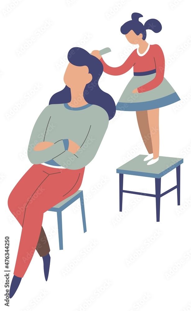 Daughter playing with mom, brushing hair vector Daughter playing with mom, brushing hair vector