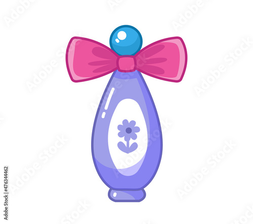 A blue bottle of perfume or eau de toilette with a bow. Vector illustration in cartoon children's style. Isolated cute clipart.