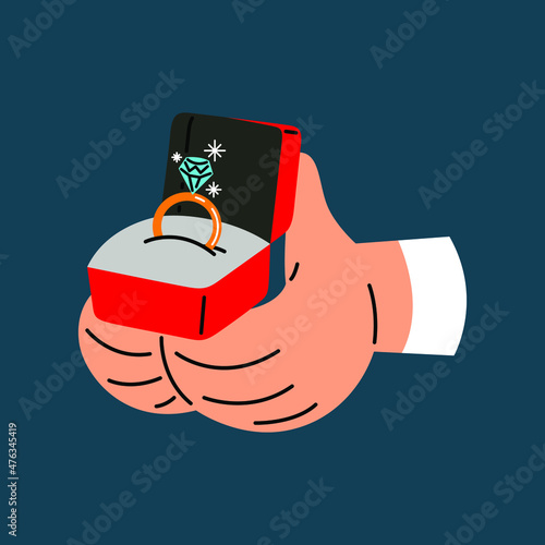 Hand holding wedding ring box flat vector illustration