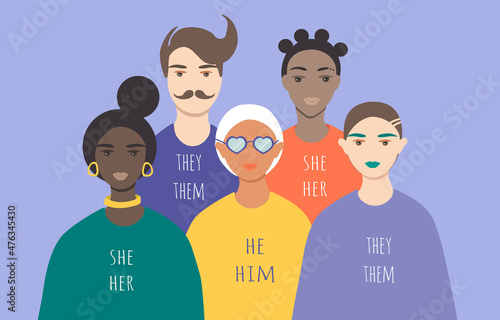 vector illustration on the theme of gender diversity, people with non-binary gender identity, transgender people. people and pronouns. trend illustration in flat style