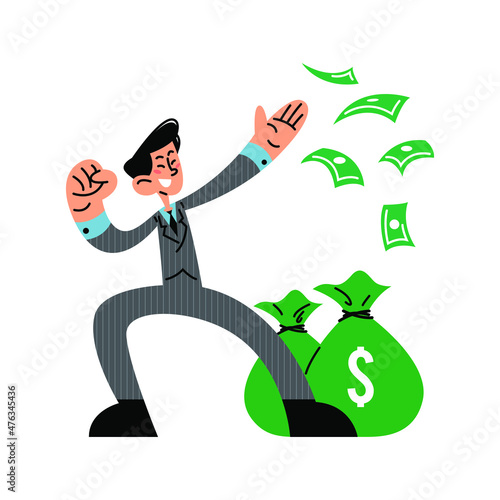 Happy businessman with a lot of money flat vector illustration 