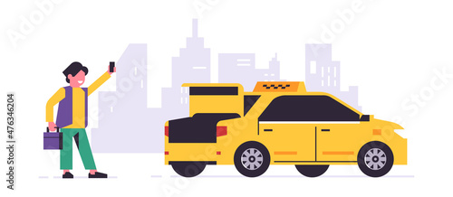 Online taxi ordering service. A driver in a yellow taxi, a passenger, transportation of people. A man with a briefcase, city, cab. Vector illustration isolated on background