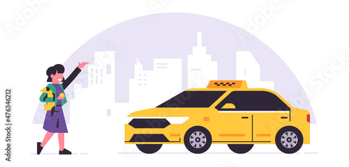 Online taxi ordering service. Yellow taxi driver and passenger. Girl with a dog  city  cab. Vector illustration isolated on background.