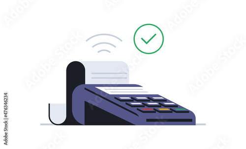 Successful contactless payment for your purchase. The payment terminal issued a check. Safe, pay, money, paper, terminal, cash, nfc. Vector illustration