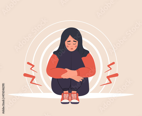 Menstrual pain. Sad arab woman in hijab with abdominal cramps or pms symptoms. Female critical day problems. Vector illustration in flat cartoon style.