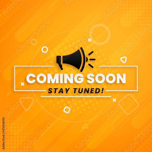 Coming soon with megaphone design on abstract background