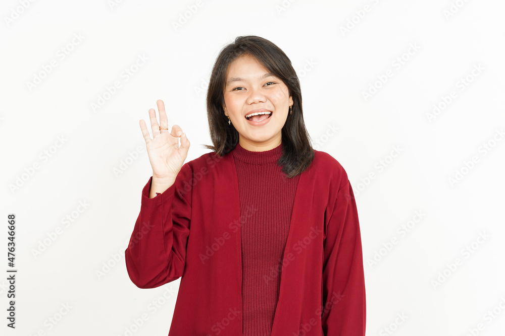 Showing Ok Sign Of Beautiful Asian Woman Wearing Red Shirt Isolated On White Background