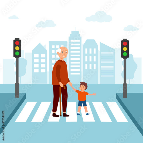 Happy boy child helping grandfather crossing street in flat design. Kids assist senior man at crosswalk concept vector illustration.