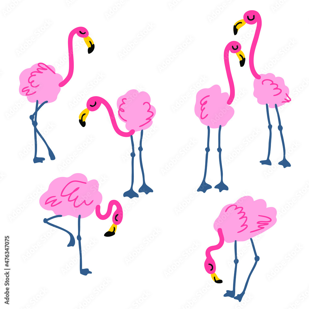 Fototapeta premium Hand drawn pink flamingo collection. Perfect for T-shirt, poster, stickers and print. Doodle vector illustration for decor and design. 