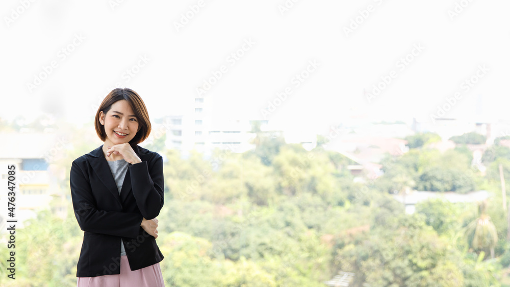 Portrait studio shot of Asian young happy cheerful millennial female businesswoman blogger freelancer influencer in casual jacket suit standing crossed arms smiling look at camera on white background Portrait studio shot of Asian young happy cheerful millennial female businesswoman blogger freelancer influencer in casual jacket suit standing crossed arms smiling look at camera on white background
