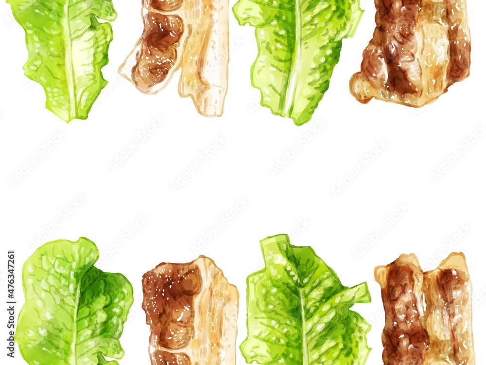 手描き水彩のサンチュと焼肉イラスト長方形フレーム 上下 Stock Illustration Adobe Stock