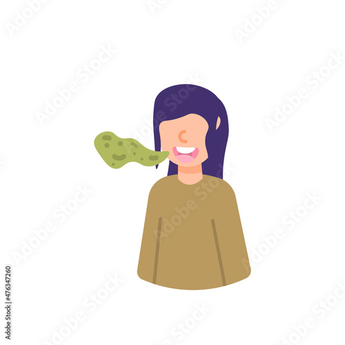 illustration of a woman who emits an unpleasant odor in his mouth. bad breath. oral health problems. flat cartoon style. vector design