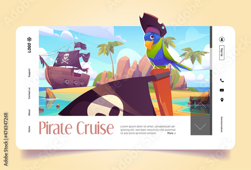 Pirate cruise banner with parrot in hat and corsair ship in sea. Vector landing page with cartoon illustration of piracy bird on beach of tropical island with rocks, palm trees and wooden sailboat