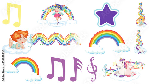 Set of fantasy fairies and cupids with rainbow elements