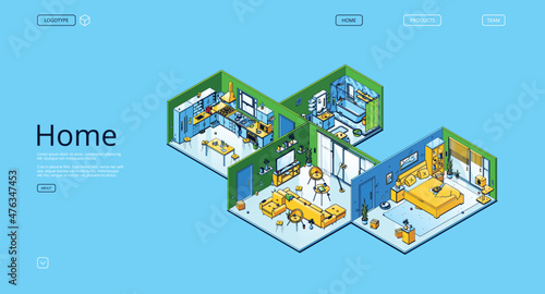 Home isometric landing page, modern apartment interior with bedroom, kitchen, bath and living rooms with furniture and technics, design project of comfortable house space 3d vector line art web banner