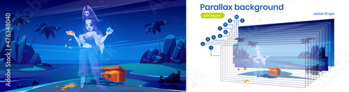 Ghost of girl pirate and treasure chest full of gold coins on tropical island at night. Vector parallax background for 2d animation with cartoon sea beach landscape and spirit of dead woman captain