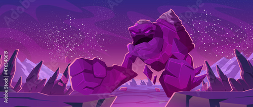 Big stone golem character on alien planet surface. Vector cartoon illustration of fantasy angry giant monster and futuristic space landscape with rocks and stars in sky