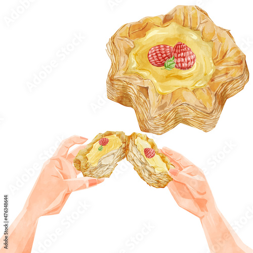 ベリーカスタードデニッシュペイストリー手描き水彩風イラスト