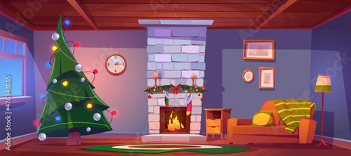 Home room at Christmas night, empty interior with burning fireplace, candles, gift socks, decorated fir tree with garlands and cozy sofa with pillow and plaid. Xmas eve Cartoon vector illustration