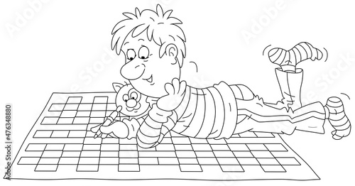 Funny guy lying on the floor with his cat and solving a big crossword puzzle, black and white outline vector cartoon illustration for a coloring book page