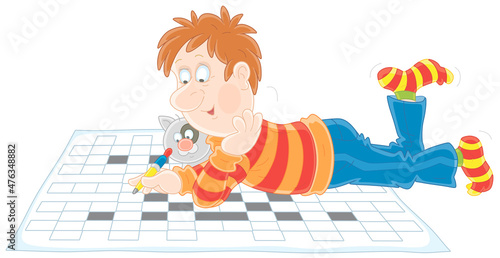 Funny guy lying on the floor with his cat and solving a big crossword puzzle, vector cartoon illustration on a white background