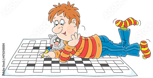 Funny guy lying on the floor with his cat and solving a big crossword puzzle, vector cartoon illustration on a white background