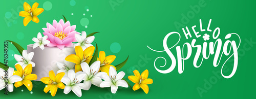 Spring flowers vector banner design. Hello spring greeting text with lilies and lotus flower bunch in nature green background for bloom season celebration decoration. Vector illustration.
