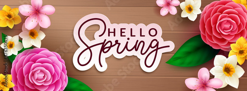 Spring greeting vector design. Hello spring typography text in paper cut decoration with camellia, cherry blossom and daffodil flowers for floral bloom season ornament. Vector illustration. 