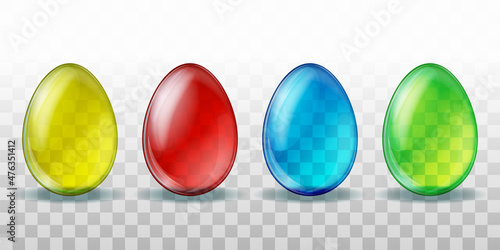 Set of colorful transparent glass Easter eggs with shadows