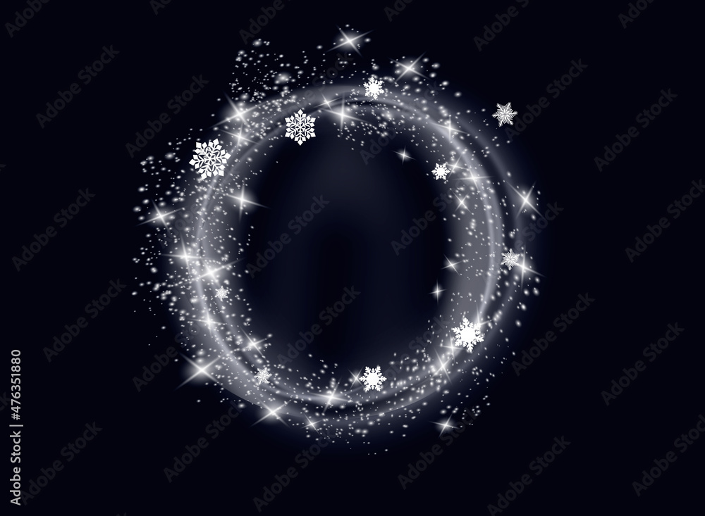 Christmas Snowfall. The circle of snowflakes sparkling transparent beautiful snow isolated on black background Lettering Christmas Snowfall. The circle of snowflakes sparkling transparent beautiful snow isolated on black background Lettering
