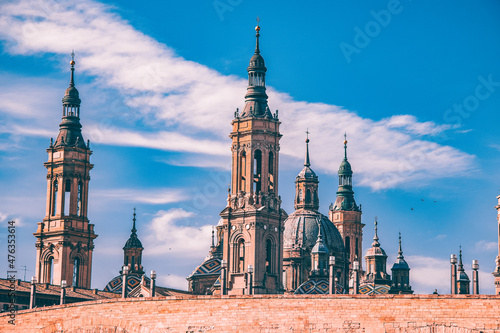 Zaragoza  Spain. View of baroque Basilica de Nuestra Senora del Pilar on sunny day