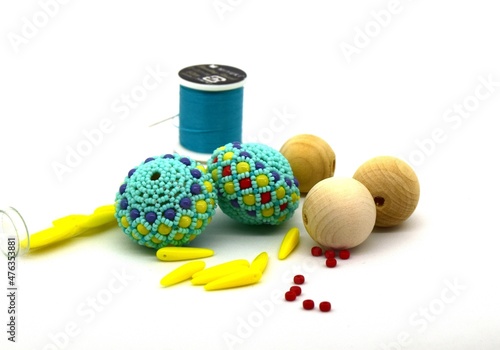 Wooden beads, handmade colorful beads, yellow petal beads, blue strings, red glass beads