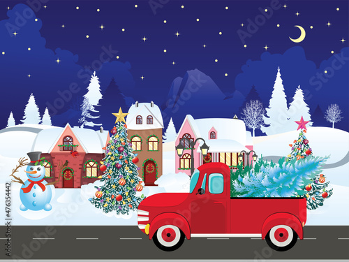 Wallpaper Mural Red pickup with evergreen tree and town Torontodigital.ca