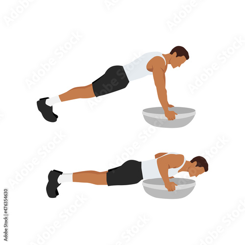 Man doing Bosu ball push ups exercise. Flat vector illustration isolated on white background