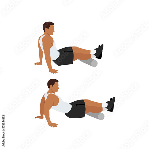 Man doing Foam roller calf. Calves stretch exercise. Flat vector illustration isolated on white background